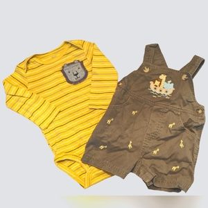 Noah's Ark giraffe shortalls and lion onesie size 9 months